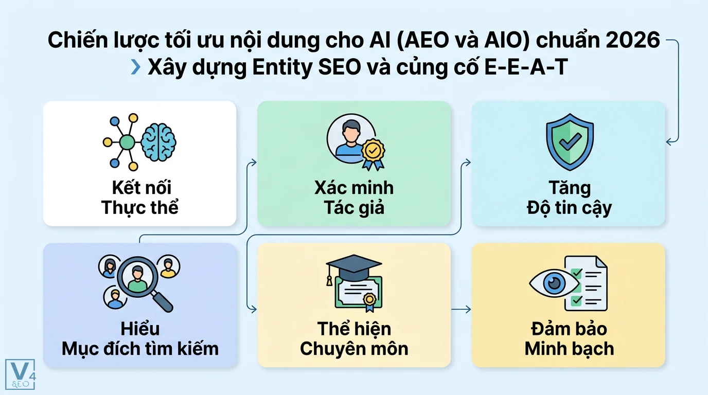 Tối ưu nội dung cho AI search là gì? Cách làm AIO chuẩn 2026 2 Kết nối thực thể, thấu hiểu ý định tìm kiếm và xác minh chuyên môn tác giả để tối ưu E-E-A-T cùng Entity SEO trong chiến lược AEO và AIO