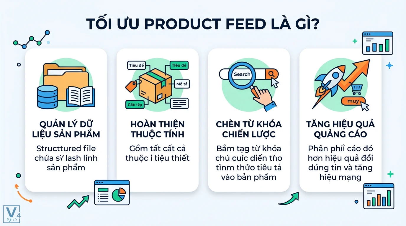 Tối ưu product feed là gì? Cách chuẩn hóa dữ liệu để bứt phá ROAS 1 Tối ưu product feed qua quản lý dữ liệu, hoàn thiện thuộc tính và chèn từ khóa chiến lược nhằm nâng cao hiệu quả quảng cáo trên Google