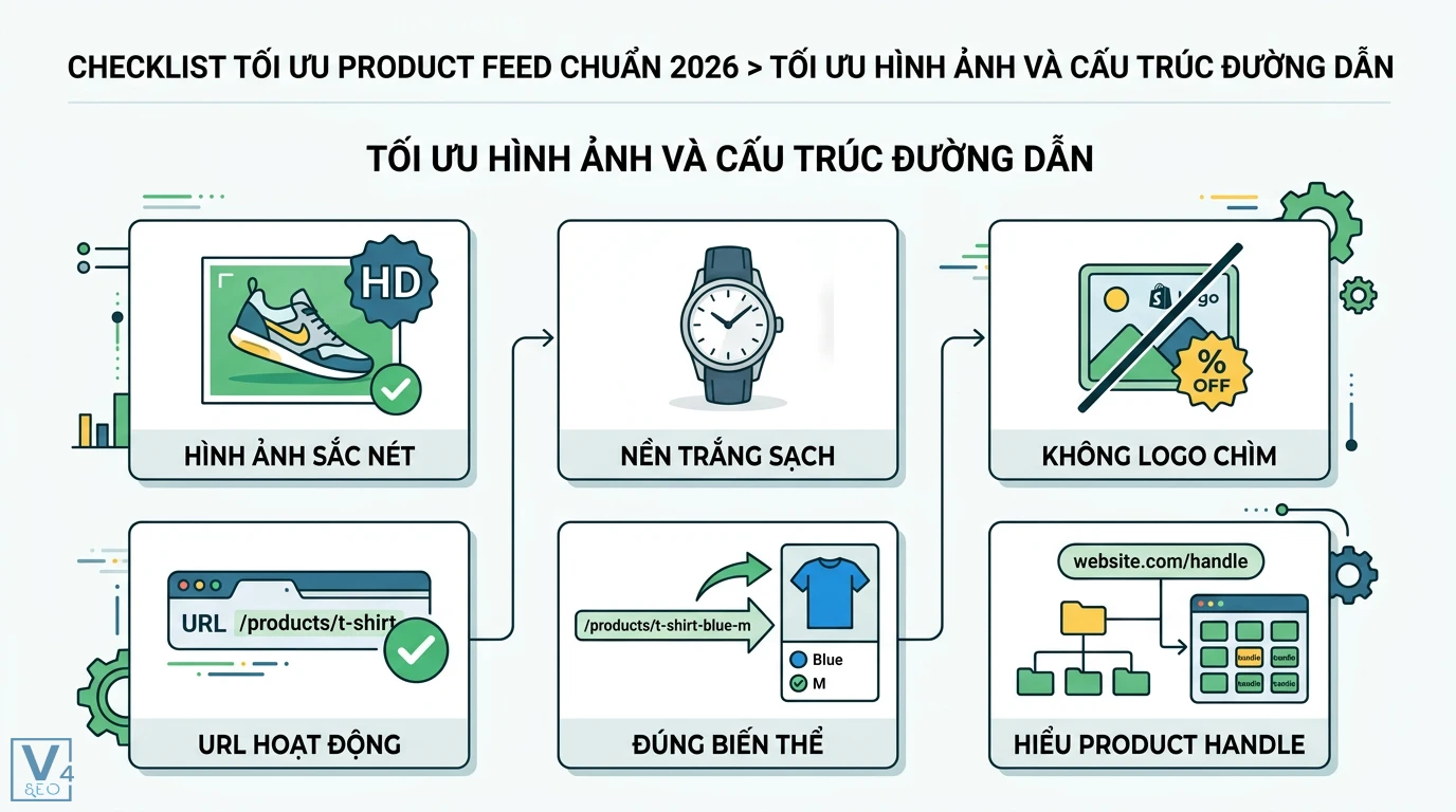 Tối ưu product feed là gì? Cách chuẩn hóa dữ liệu để bứt phá ROAS 2 Tối ưu product feed 2026 với sản phẩm sắc nét trên nền trắng không logo chìm và cấu trúc đường dẫn URL đúng biến thể theo product handle