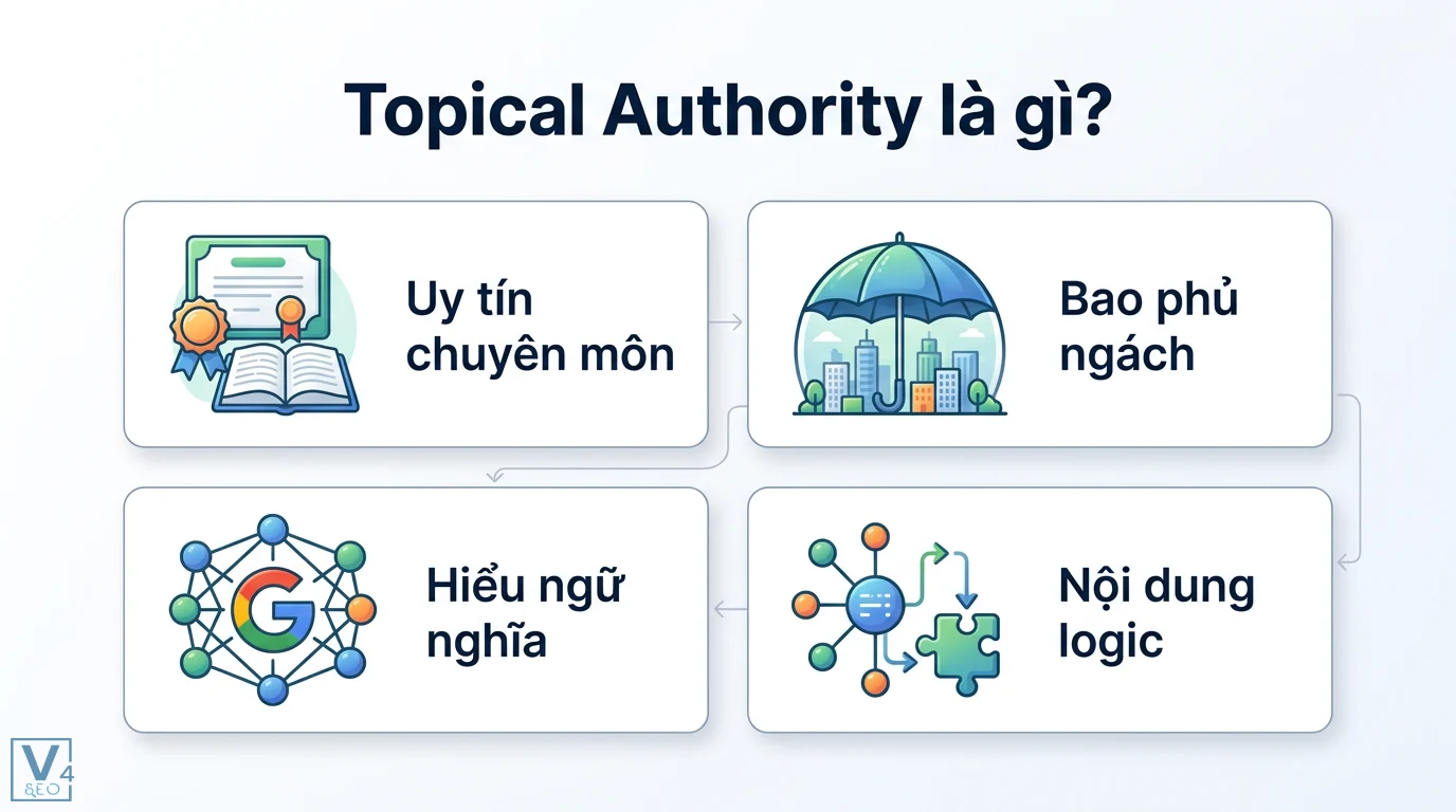 Topical Authority là gì? Cách xây dựng Topic Cluster chuẩn Google 3 Topical Authority bao gồm uy tín chuyên môn, bao phủ ngách, Google hiểu ngữ nghĩa thực thể và xây dựng hệ thống nội dung logic cho website