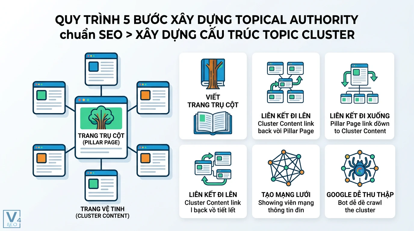 Topical Authority là gì? Cách xây dựng Topic Cluster chuẩn Google 1 Topic Cluster kết nối Pillar Page và Cluster Content tạo mạng lưới thông tin giúp Googlebot thu thập dữ liệu và tối ưu Topical Authority