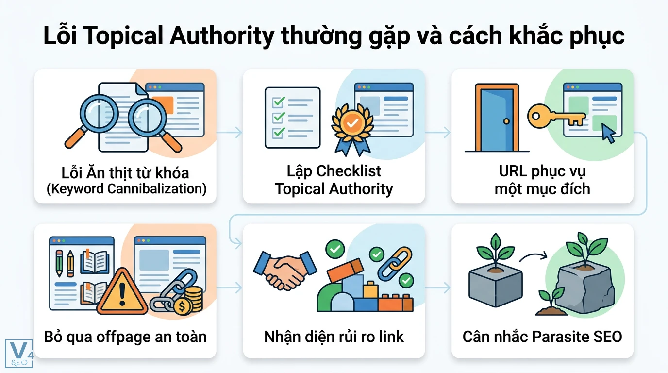 Topical Authority là gì? Cách xây dựng Topic Cluster chuẩn Google 2 Khắc phục lỗi Topical Authority bằng cách xử lý ăn thịt từ khóa, lập checklist nội dung, kiểm soát rủi ro backlink và triển khai parasite SEO