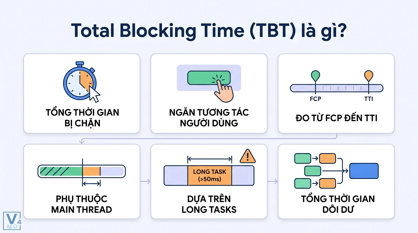Total Blocking Time là gì? Cách tối ưu TBT chuẩn Core Web Vitals 1 Total Blocking Time TBT đo lường tổng thời gian dôi dư từ các Long Task trên 50ms gây chặn Main Thread trong khoảng từ FCP đến chỉ số TTI