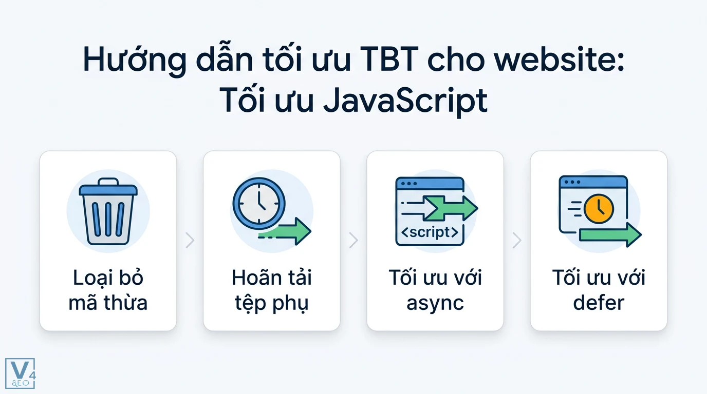 Total Blocking Time là gì? Cách tối ưu TBT chuẩn Core Web Vitals 2 Tối ưu JavaScript giảm chỉ số TBT bằng cách loại bỏ mã thừa, hoãn tải tệp phụ và áp dụng các thuộc tính async, defer cho thẻ script