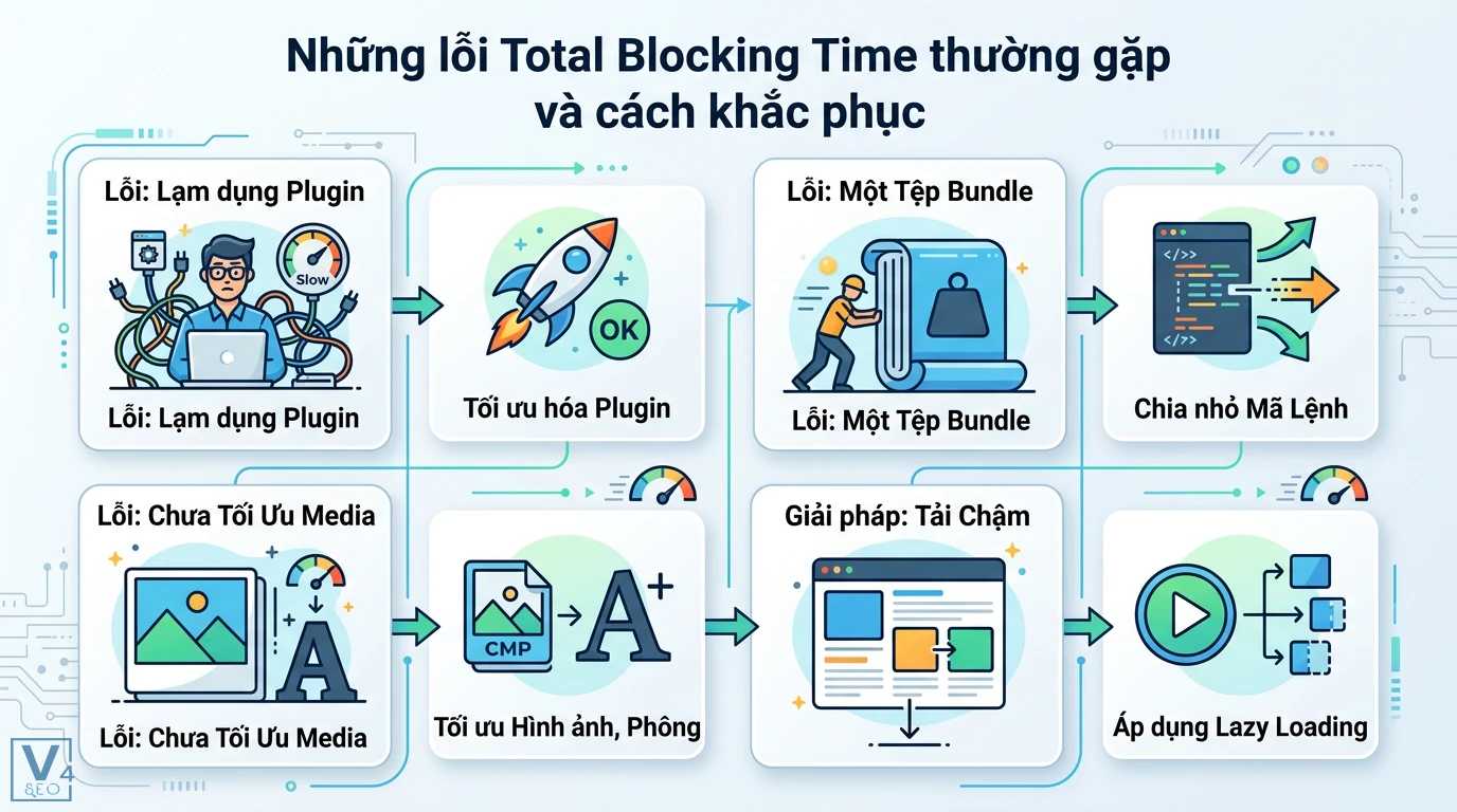 Total Blocking Time là gì? Cách tối ưu TBT chuẩn Core Web Vitals 3 Khắc phục lỗi Total Blocking Time qua việc tối ưu plugin, chia nhỏ mã lệnh, tối ưu media, phông chữ và áp dụng lazy loading cho tài nguyên