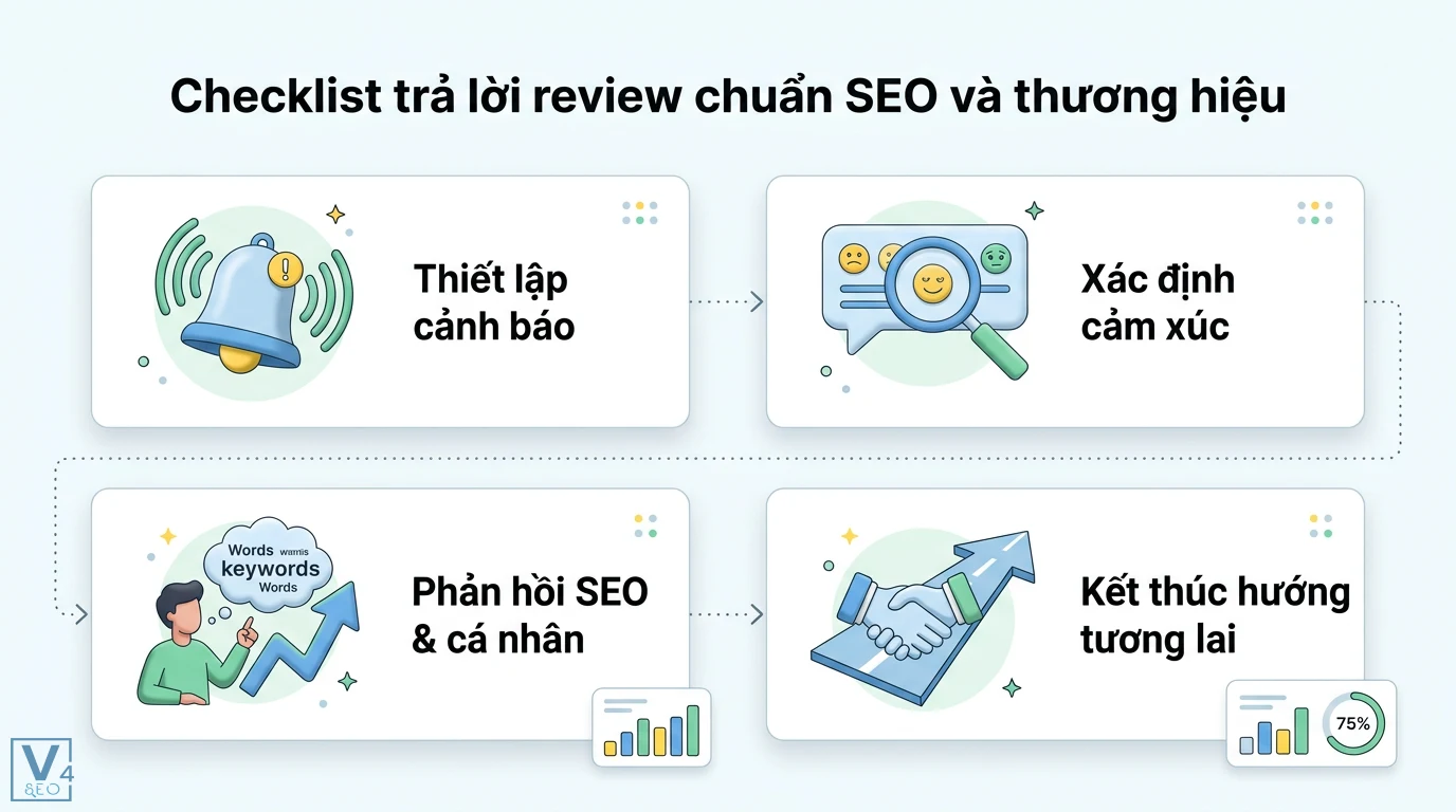 Trả lời review là gì? Cách phản hồi tối ưu trải nghiệm khách hàng 3 Quy trình trả lời review chuẩn SEO gồm thiết lập cảnh báo, xác định cảm xúc, phản hồi SEO cá nhân và kết thúc hướng tương lai