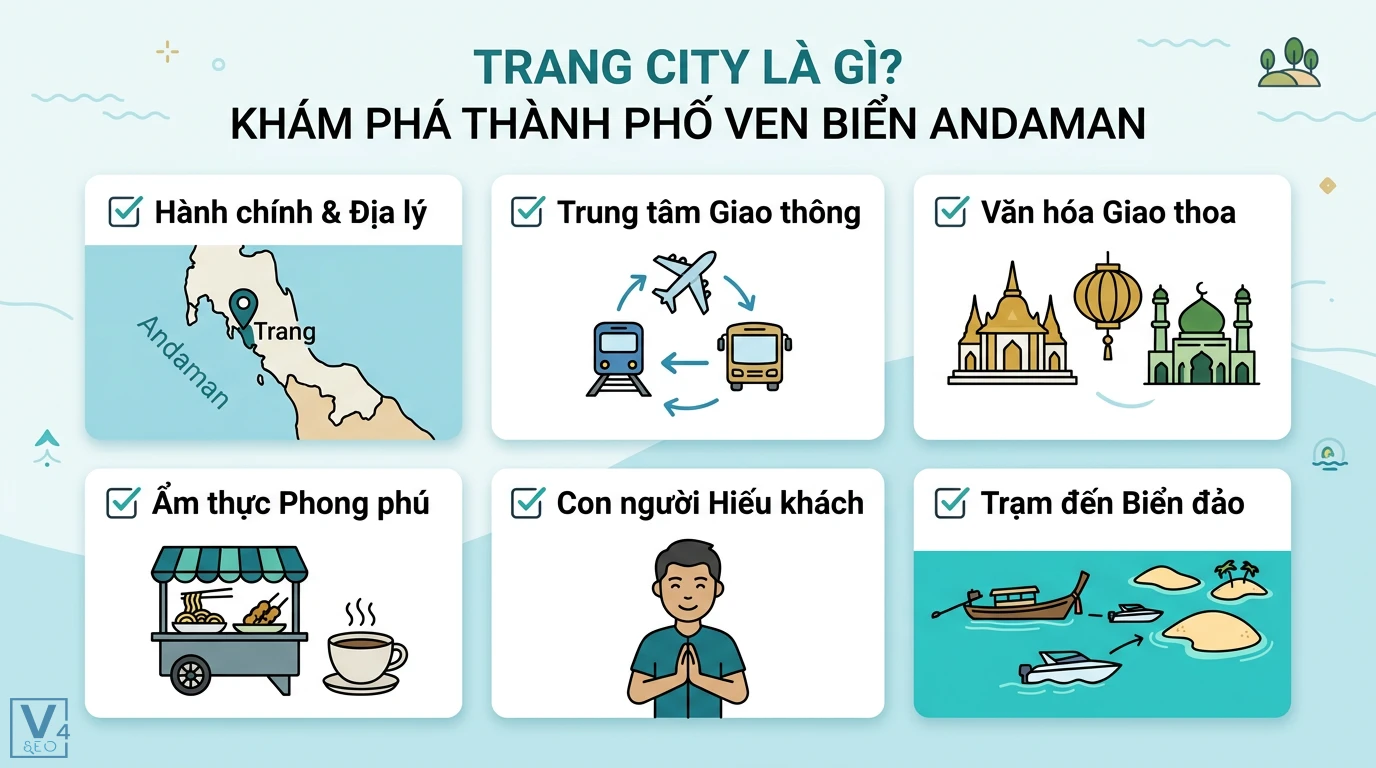 Trang City là gì? Khám phá thành phố Trang bên bờ biển Andaman 1 Trang City là trung tâm hành chính, giao thông, văn hóa giao thoa, ẩm thực phong phú và cửa ngõ khám phá biển đảo Andaman tại Thái Lan