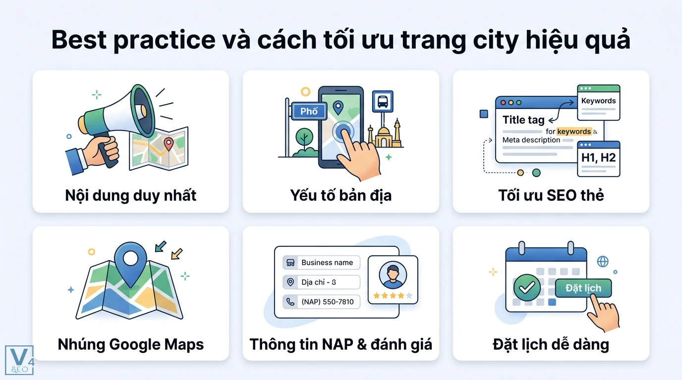 Trang City là gì? Khám phá thành phố Trang bên bờ biển Andaman 2 Tối ưu trang city hiệu quả qua nội dung duy nhất, yếu tố bản địa, thẻ SEO, nhúng Google Maps, thông tin NAP và tích hợp hệ thống đặt lịch