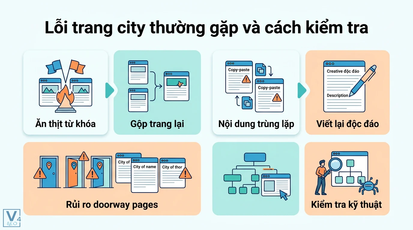 Trang City là gì? Khám phá thành phố Trang bên bờ biển Andaman 3 Lỗi trang city thường gặp gồm ăn thịt từ khóa, trùng lặp nội dung, doorway pages và giải pháp gộp trang, viết nội dung độc đáo, kiểm tra SEO