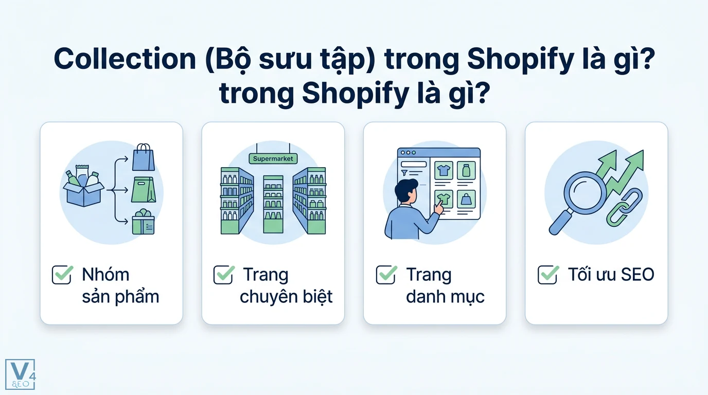 Trang collection (Shopify) là gì? Cách tạo và tối ưu bộ sưu tập 1 Collection Shopify giúp nhóm sản phẩm vào trang chuyên biệt và trang danh mục để tối ưu SEO cũng như phân bổ sức mạnh liên kết nội bộ