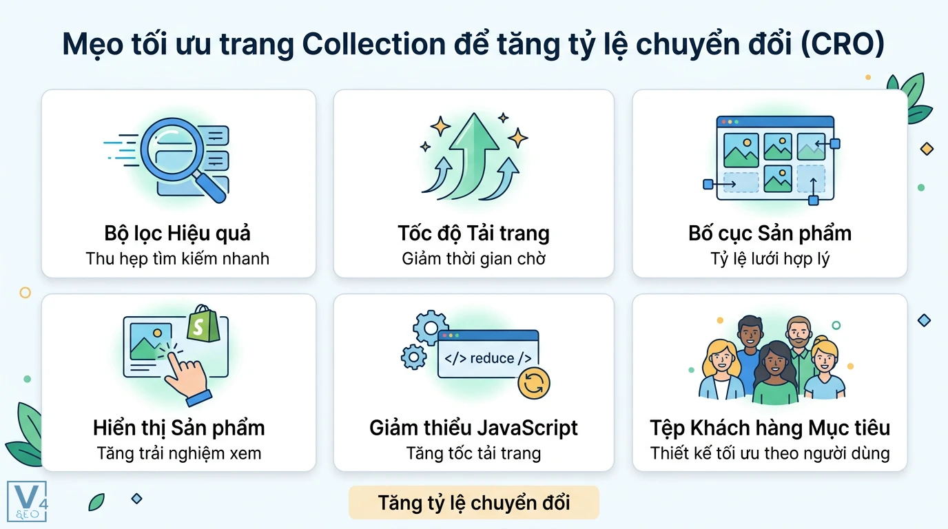 Trang collection (Shopify) là gì? Cách tạo và tối ưu bộ sưu tập 2 Tối ưu trang Collection tăng tỷ lệ chuyển đổi CRO bằng bộ lọc hiệu quả, tốc độ tải nhanh, giảm JavaScript và hiển thị sản phẩm trực quan