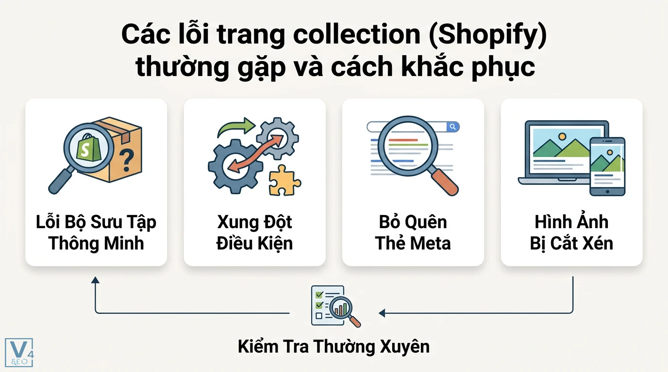 Trang collection (Shopify) là gì? Cách tạo và tối ưu bộ sưu tập 3 Các lỗi trang collection Shopify thường gặp gồm sai điều kiện bộ sưu tập, thiếu thẻ meta SEO và kích thước banner bị cắt xén trên giao diện