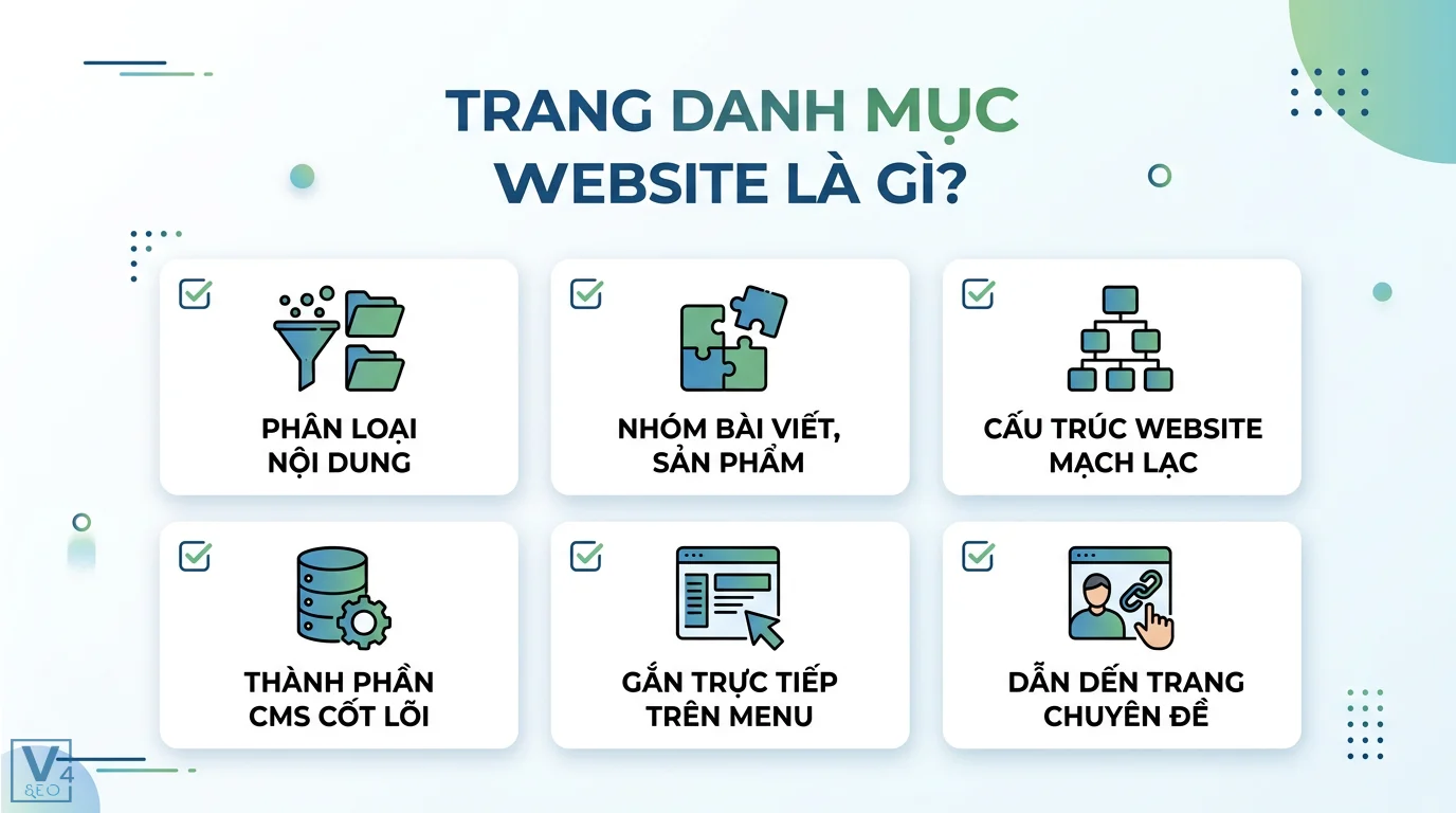 Trang danh mục là gì? Phân biệt danh mục website và mục lục Word 1 Trang danh mục website giúp phân loại nội dung, nhóm bài viết sản phẩm và xây dựng cấu trúc website mạch lạc qua CMS và menu điều hướng