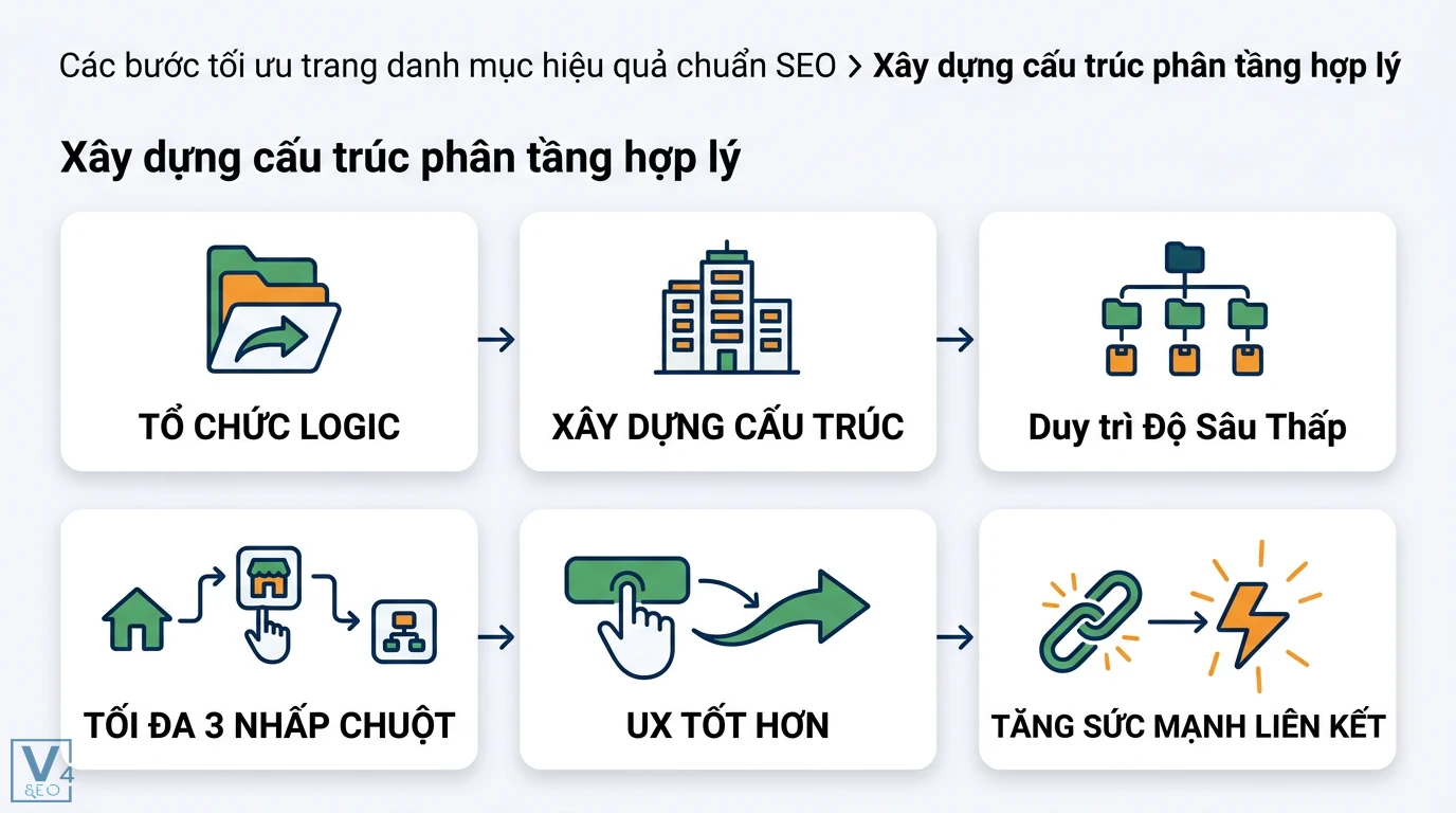 Trang danh mục là gì? Phân biệt danh mục website và mục lục Word 2 Xây dựng cấu trúc phân tầng logic với độ sâu tối đa 3 nhấp chuột giúp tối ưu trải nghiệm người dùng UX và tăng sức mạnh liên kết chuẩn SEO