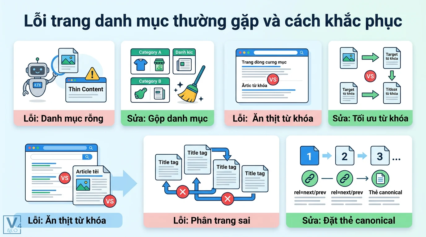 Trang danh mục là gì? Phân biệt danh mục website và mục lục Word 3 Khắc phục lỗi trang danh mục như danh mục rỗng, ăn thịt từ khóa và phân trang sai bằng giải pháp gộp danh mục, tối ưu SEO và thẻ canonical