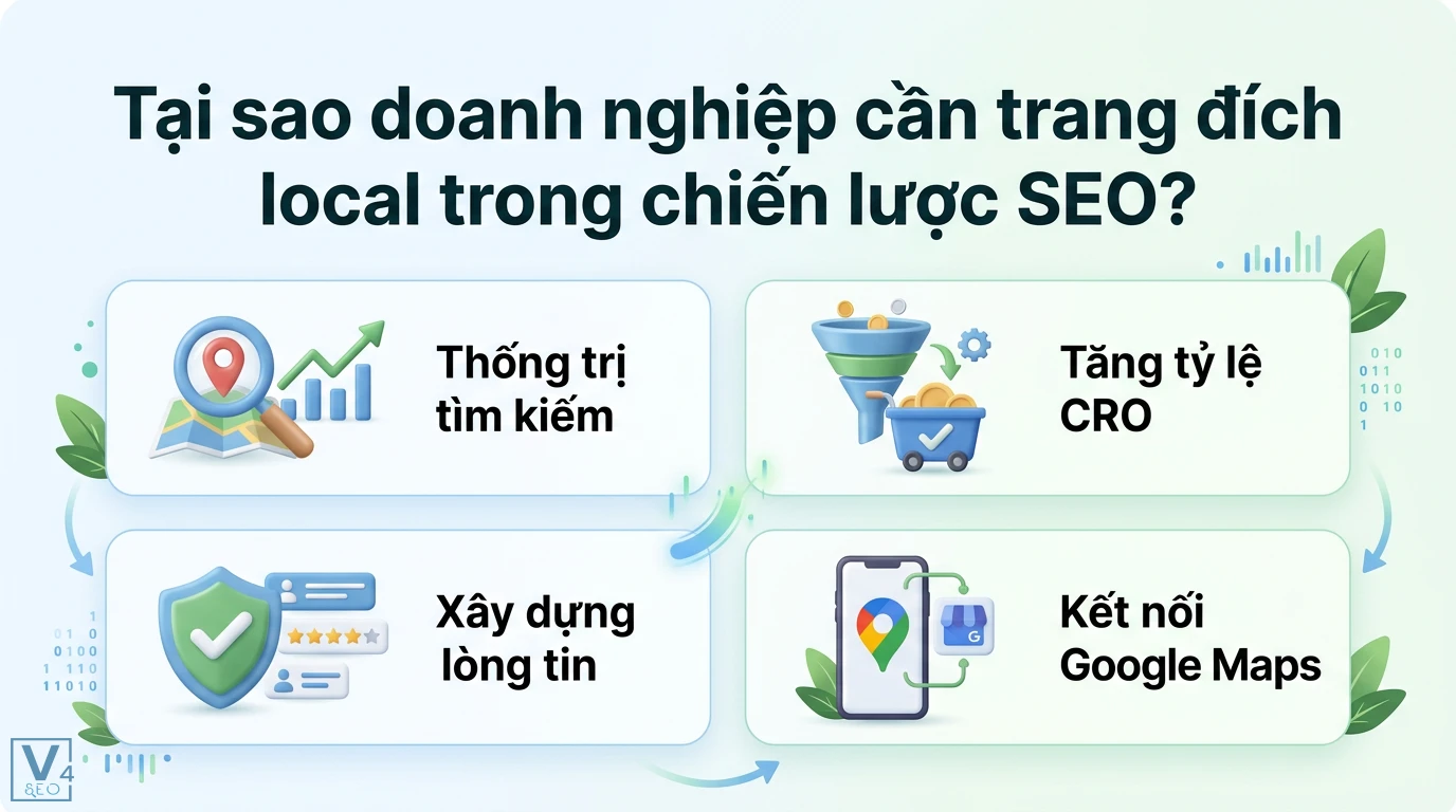 Trang đích local là gì? Hướng dẫn tối ưu Schema và NAP chuẩn SEO 1 Tối ưu trang đích local giúp thống trị tìm kiếm địa phương, tăng tỷ lệ chuyển đổi CRO, xây dựng lòng tin và kết nối đồng bộ với Google Maps