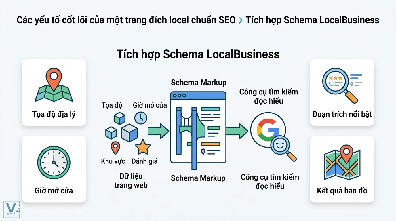 Trang đích local là gì? Hướng dẫn tối ưu Schema và NAP chuẩn SEO 2 Schema LocalBusiness kết nối dữ liệu tọa độ, giờ mở cửa và đánh giá giúp Google tối ưu hiển thị trên đoạn trích nổi bật cùng kết quả bản đồ
