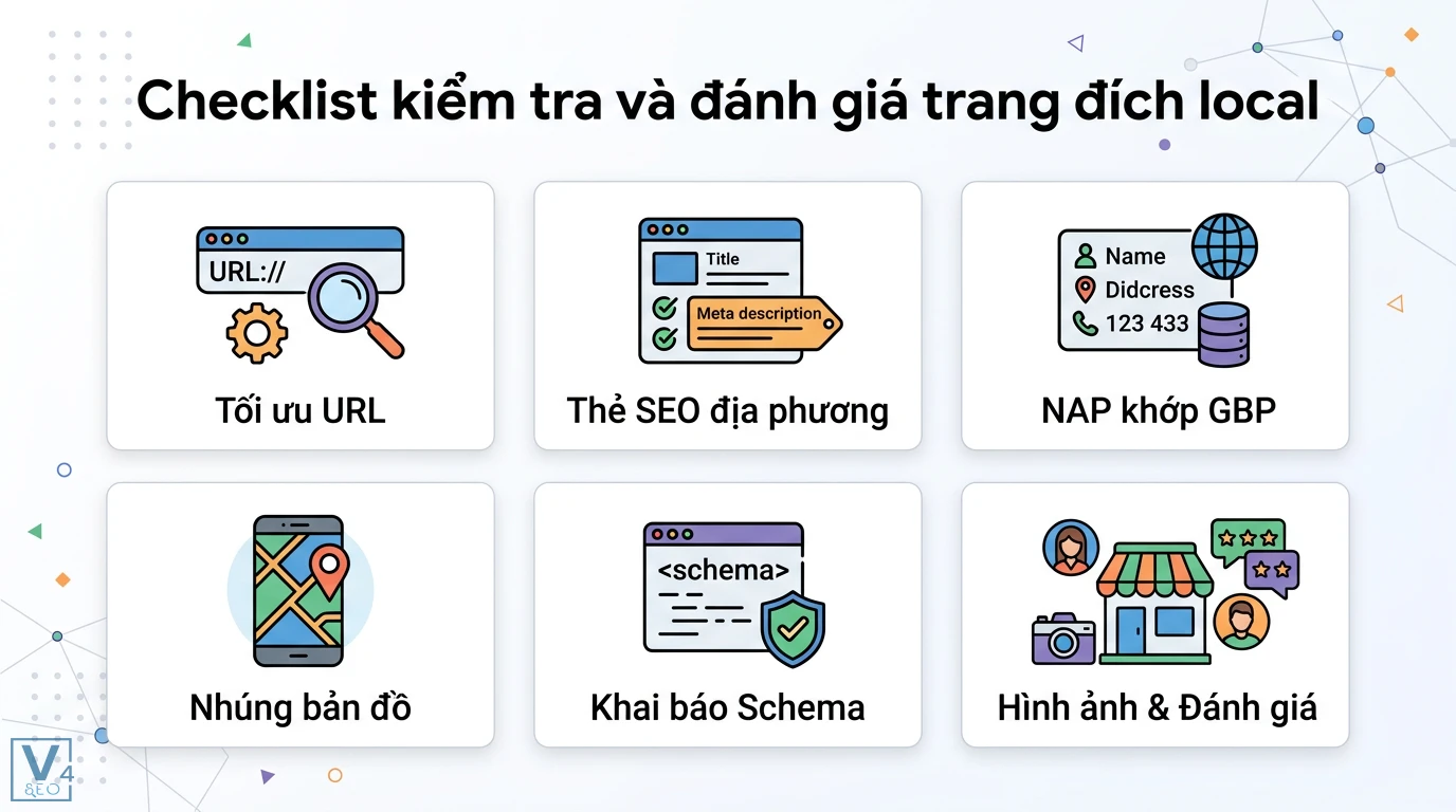 Trang đích local là gì? Hướng dẫn tối ưu Schema và NAP chuẩn SEO 3 Checklist tối ưu trang đích local gồm URL, thẻ SEO địa phương, NAP khớp GBP, nhúng bản đồ, khai báo Schema và đánh giá khách hàng