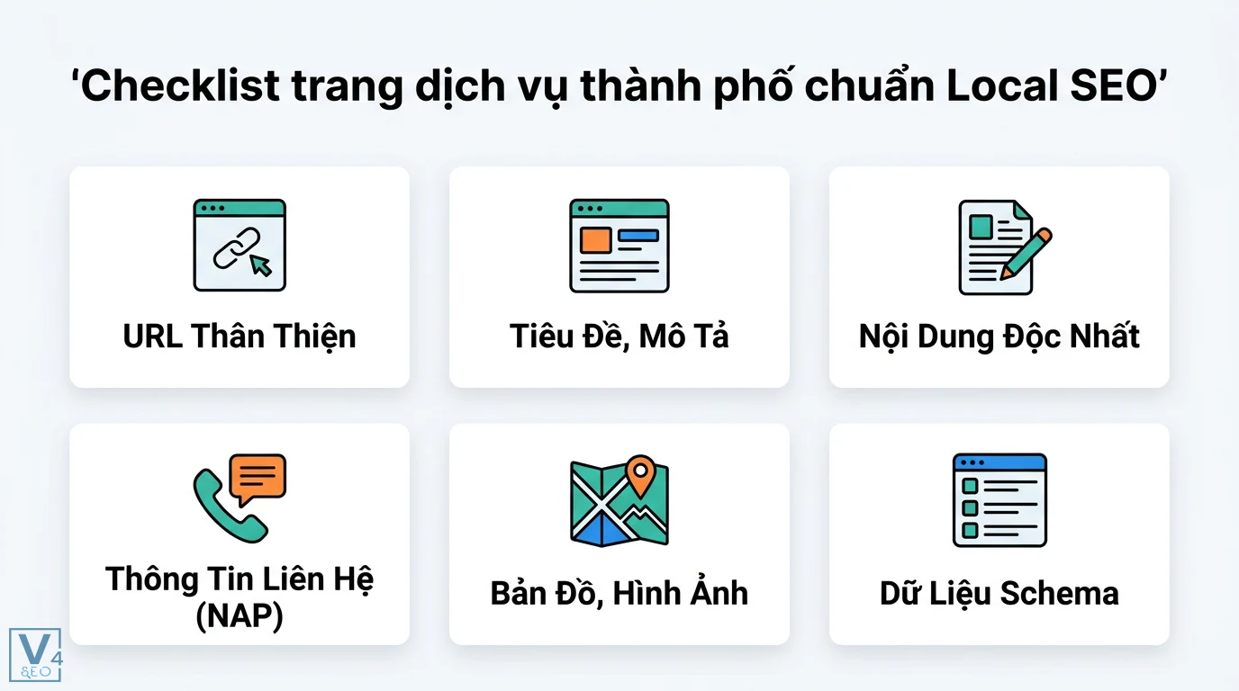 Trang dịch vụ + thành phố là gì? Bí quyết bứt phá Local SEO 3 Checklist trang dịch vụ thành phố chuẩn Local SEO gồm URL thân thiện, tiêu đề, mô tả, nội dung độc nhất, thông tin NAP, bản đồ và dữ liệu Schema