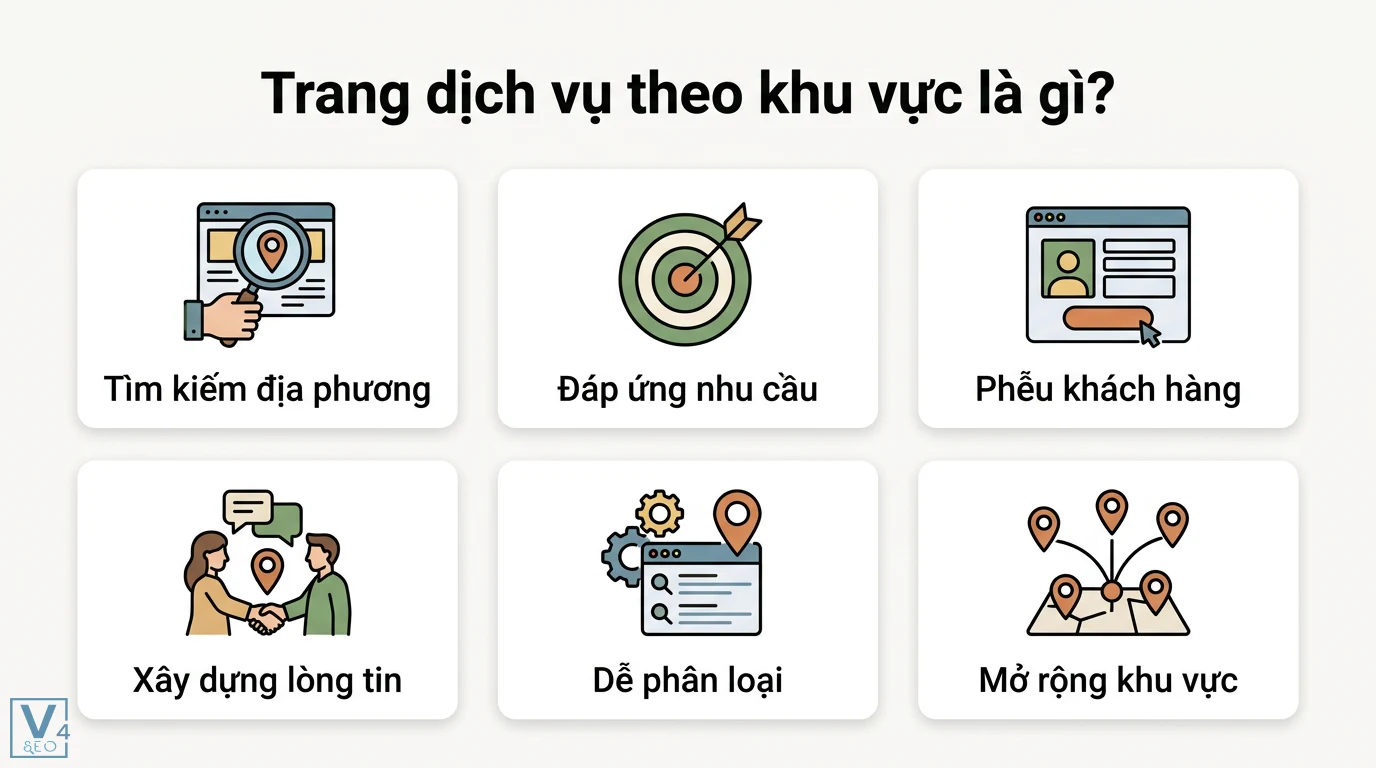 Trang dịch vụ theo khu vực là gì? Cấu trúc chuẩn Local SEO 1 Trang dịch vụ theo khu vực giúp tìm kiếm địa phương, đáp ứng nhu cầu, tạo phễu khách hàng, xây dựng lòng tin và mở rộng khu vực kinh doanh