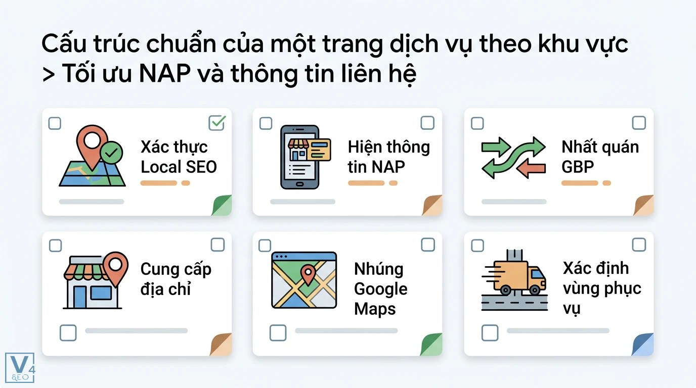 Trang dịch vụ theo khu vực là gì? Cấu trúc chuẩn Local SEO 2 Tối ưu NAP và thông tin liên hệ qua việc xác thực Local SEO, nhất quán GBP, cung cấp địa chỉ, nhúng Google Maps và xác định vùng phục vụ