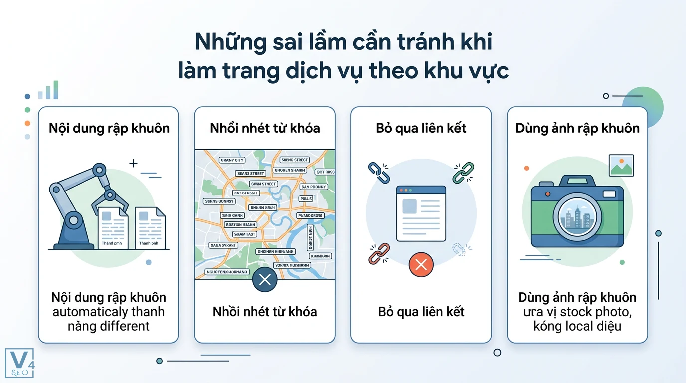 Trang dịch vụ theo khu vực là gì? Cấu trúc chuẩn Local SEO 3 Sai lầm SEO local gồm nội dung rập khuôn, nhồi nhét từ khóa địa phương, thiếu liên kết nội bộ và dùng tư liệu stock thay vì dữ liệu thực tế