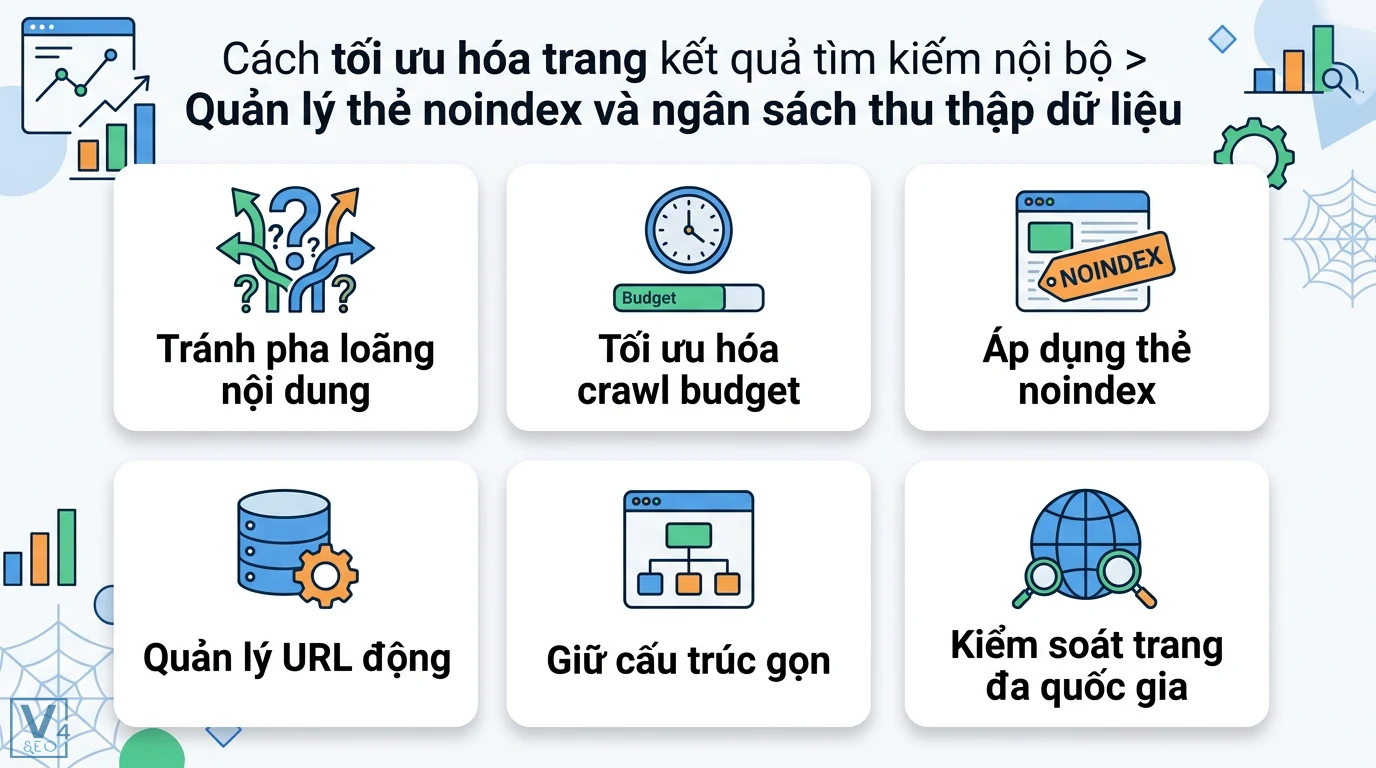 Trang kết quả tìm kiếm nội bộ là gì? Phân biệt với Internal Link 2 Quản lý thẻ noindex và tối ưu hóa crawl budget cho trang kết quả tìm kiếm nội bộ để tránh pha loãng nội dung và kiểm soát các URL động