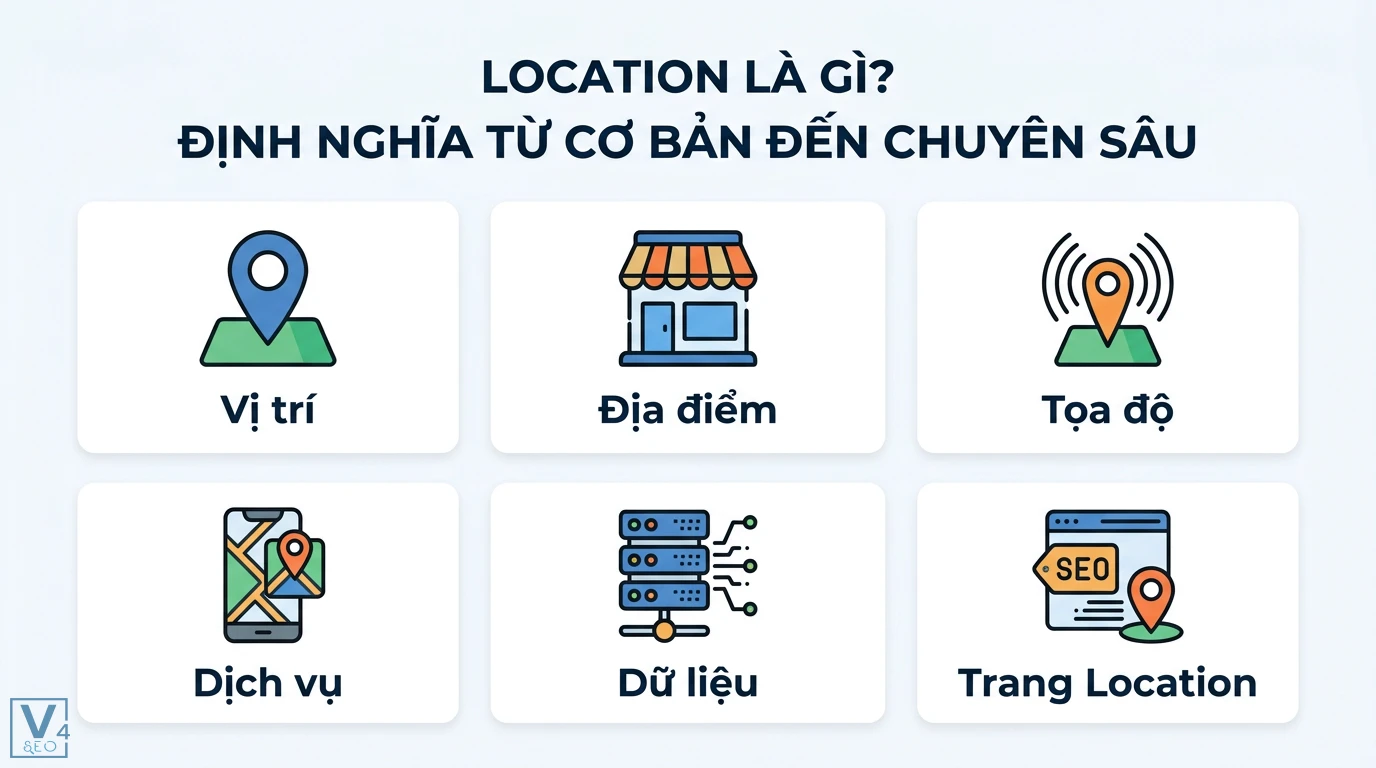 Trang location là gì? Giải nghĩa và cách dùng dịch vụ định vị 1 Định nghĩa location gồm vị trí, địa điểm, tọa độ, dịch vụ định vị, dữ liệu kỹ thuật số và trang location trong tối ưu hóa SEO địa phương