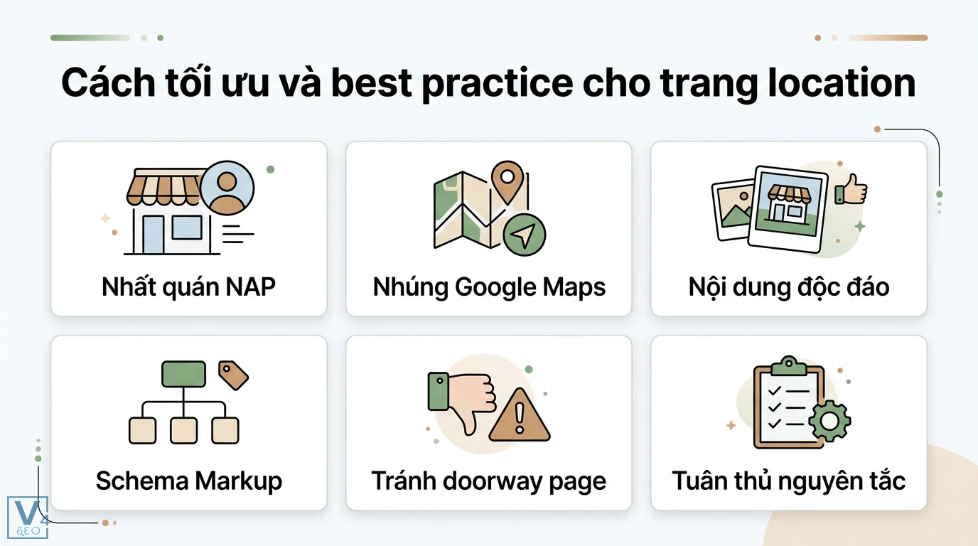 Trang location là gì? Giải nghĩa và cách dùng dịch vụ định vị 2 Các tiêu chuẩn tối ưu trang location gồm nhất quán NAP, nhúng Google Maps, nội dung độc đáo, Schema Markup và kỹ thuật tránh doorway page