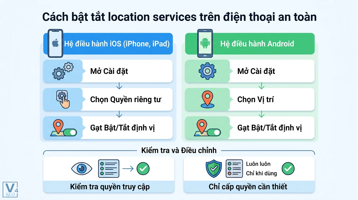 Trang location là gì? Giải nghĩa và cách dùng dịch vụ định vị 3 Cách bật tắt location services trên điện thoại iOS và Android qua các bước cài đặt quyền riêng tư và quản lý quyền truy cập vị trí an toàn