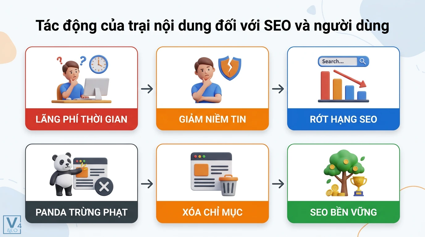 Trang trại nội dung là gì? Phân biệt Content Farm và nông nghiệp 2 Tác động của trại nội dung gây lãng phí thời gian, giảm niềm tin, rớt hạng SEO, Google Panda trừng phạt, xóa chỉ mục và giải pháp SEO bền vững