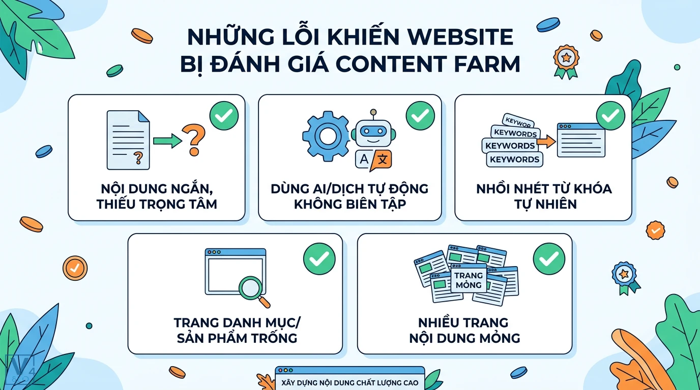 Trang trại nội dung là gì? Phân biệt Content Farm và nông nghiệp 3 Những lỗi khiến website bị đánh giá Content Farm như nội dung ngắn, lạm dụng AI, nhồi nhét từ khóa, trang trống và nội dung mỏng