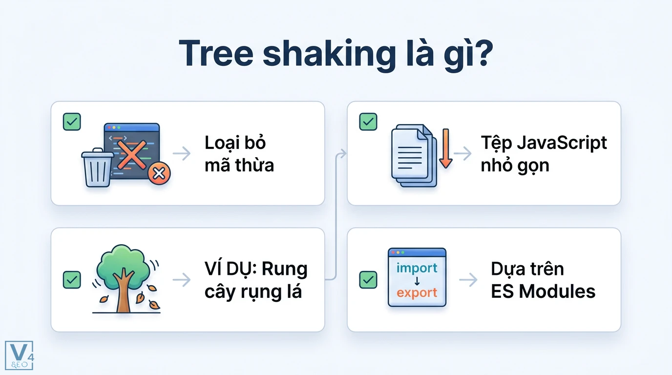 Tree shaking là gì? Cách tối ưu Bundle size cho Webpack và Vite 1 Tree shaking loại bỏ mã thừa dựa trên ES Modules giúp tối ưu hóa dung lượng tệp JavaScript nhỏ gọn qua ví dụ thực tế rung cây rụng lá