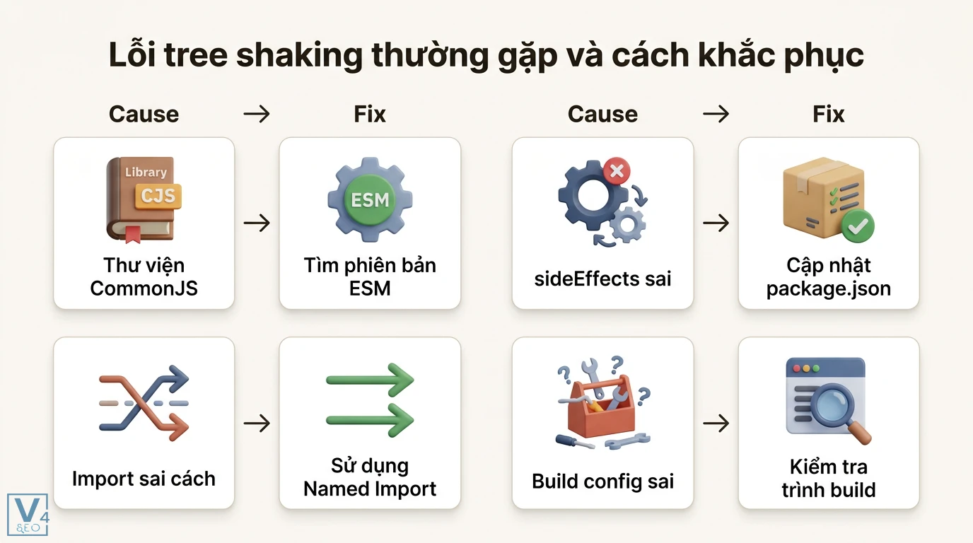 Tree shaking là gì? Cách tối ưu Bundle size cho Webpack và Vite 3 Lỗi tree shaking thường gặp và cách khắc phục bằng việc dùng thư viện ESM, cấu hình sideEffects, sử dụng Named Import và kiểm tra trình build