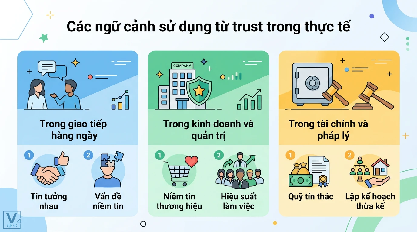 Trust là gì? Giải mã ý nghĩa lòng tin và quỹ tín thác tài chính 1 Các ngữ cảnh sử dụng từ trust trong giao tiếp hàng ngày, niềm tin thương hiệu, hiệu suất làm việc, quỹ tín thác và lập kế hoạch thừa kế