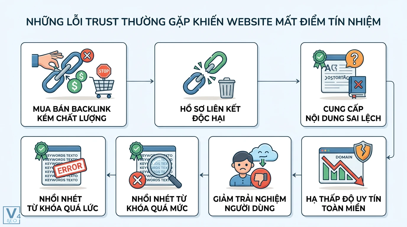 Trust là gì? Giải mã ý nghĩa lòng tin và quỹ tín thác tài chính 3 Lỗi trust từ backlink kém chất lượng, nội dung sai lệch và nhồi nhét từ khóa gây giảm trải nghiệm người dùng và hạ thấp uy tín toàn miền