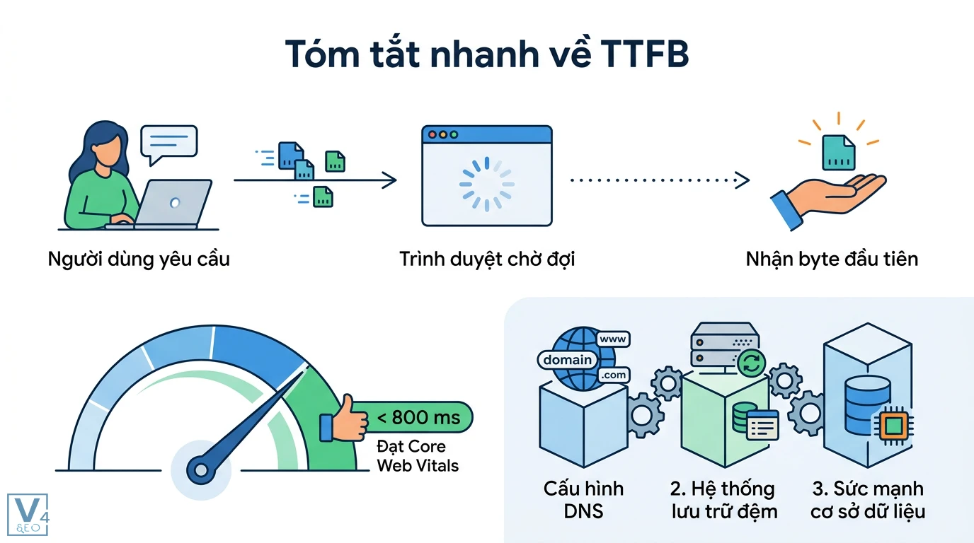 TTFB là gì? Cách tối ưu phản hồi máy chủ chuẩn Core Web Vitals 1 TTFB đo lường thời gian phản hồi máy chủ đạt chuẩn Core Web Vitals dưới 800ms qua cấu hình DNS, hệ thống lưu trữ đệm và cơ sở dữ liệu
