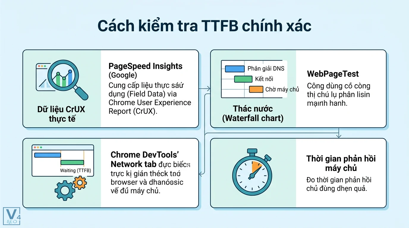TTFB là gì? Cách tối ưu phản hồi máy chủ chuẩn Core Web Vitals 2 Kiểm tra TTFB chính xác qua dữ liệu CrUX từ PageSpeed Insights, WebPageTest và Chrome DevTools nhằm đo lường thời gian phản hồi máy chủ