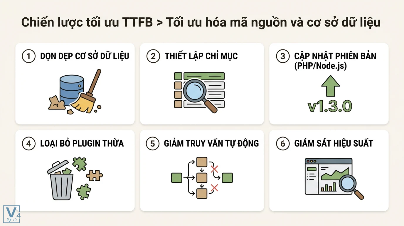 TTFB là gì? Cách tối ưu phản hồi máy chủ chuẩn Core Web Vitals 3 Tối ưu mã nguồn và cơ sở dữ liệu qua dọn dẹp dữ liệu, lập chỉ mục, cập nhật PHP, Node.js, gỡ plugin và giám sát hiệu suất để cải thiện TTFB