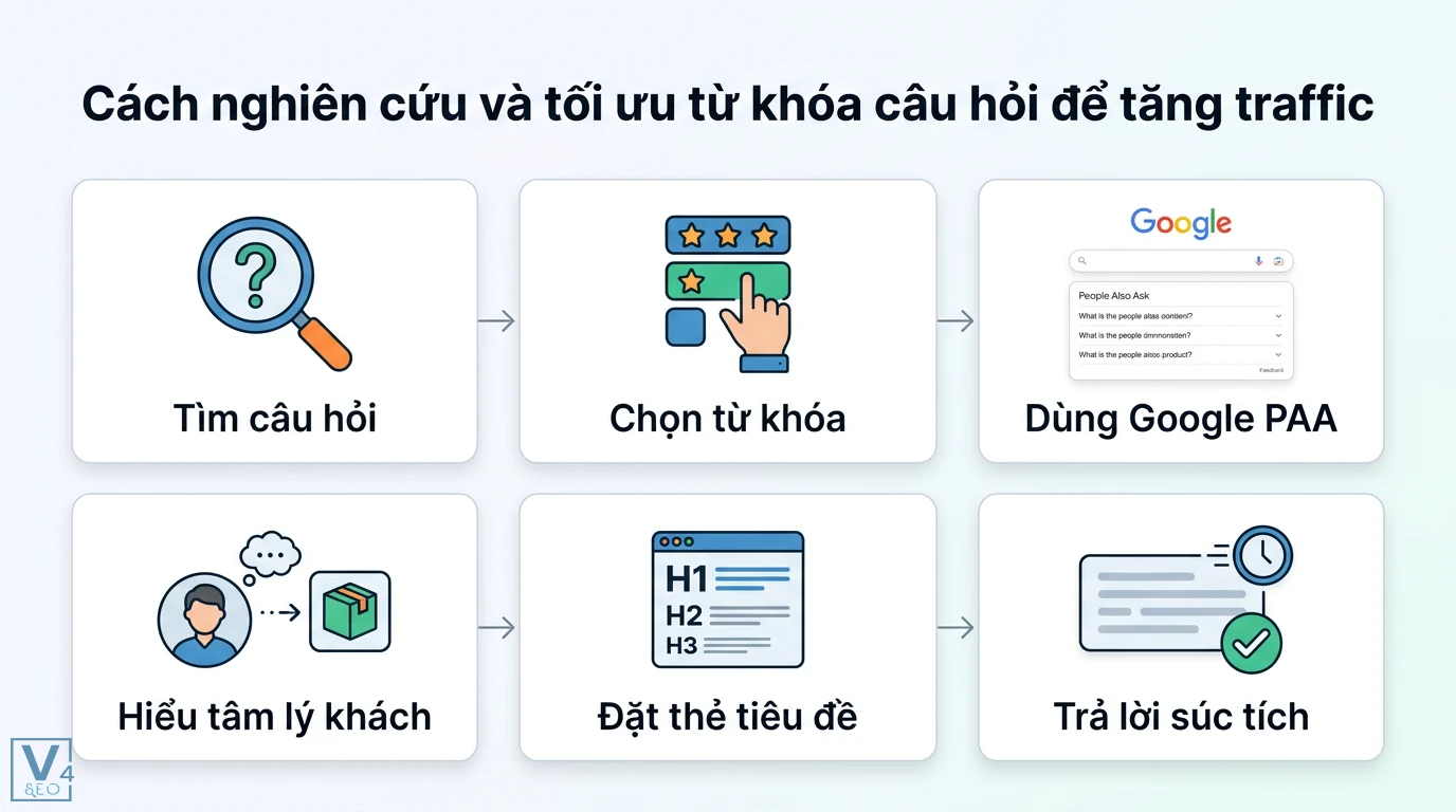 Từ khóa câu hỏi là gì? Cách tối ưu Search Intent để tăng traffic 2 Nghiên cứu từ khóa câu hỏi qua Google PAA và tâm lý khách hàng để tối ưu thẻ tiêu đề H2 H3 cùng nội dung trả lời súc tích giúp tăng traffic