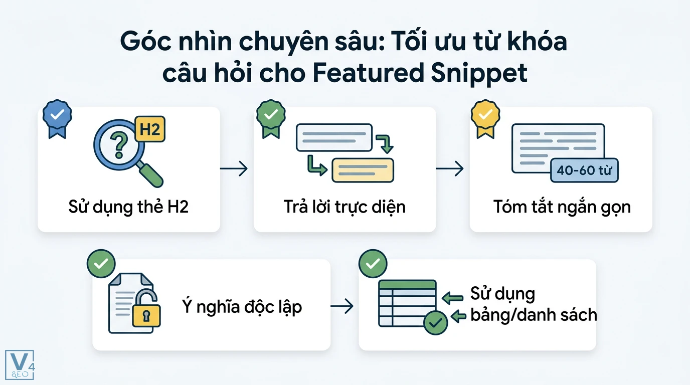 Từ khóa câu hỏi là gì? Cách tối ưu Search Intent để tăng traffic 3 Tối ưu từ khóa câu hỏi cho Featured Snippet qua thẻ H2, câu trả lời trực diện 40-60 từ, ý nghĩa độc lập và định dạng bảng hoặc danh sách