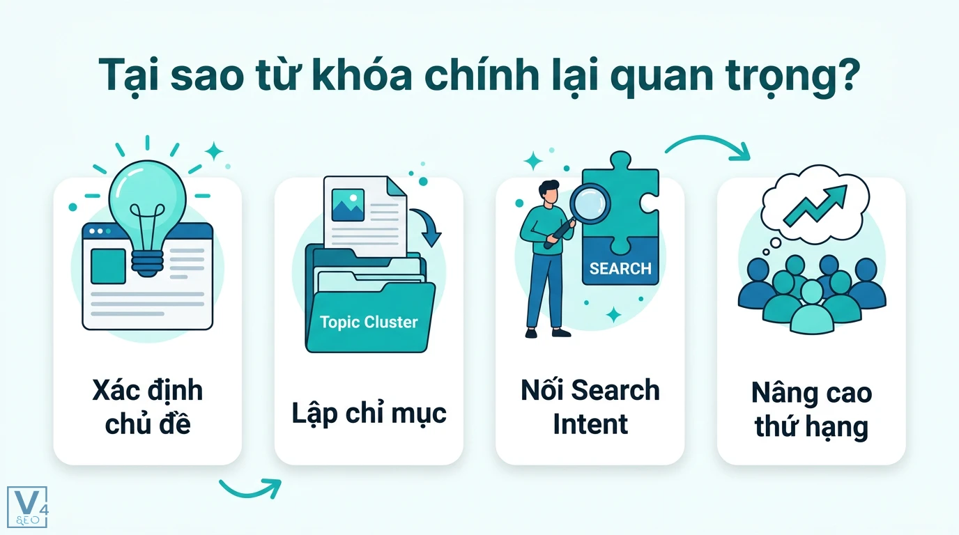 Từ khóa chính là gì? Cách chọn và tối ưu chuẩn Search Intent mới 1 Từ khóa chính giúp xác định chủ đề, lập chỉ mục Topic Cluster, kết nối Search Intent và nâng cao thứ hạng bài viết trên Google Search