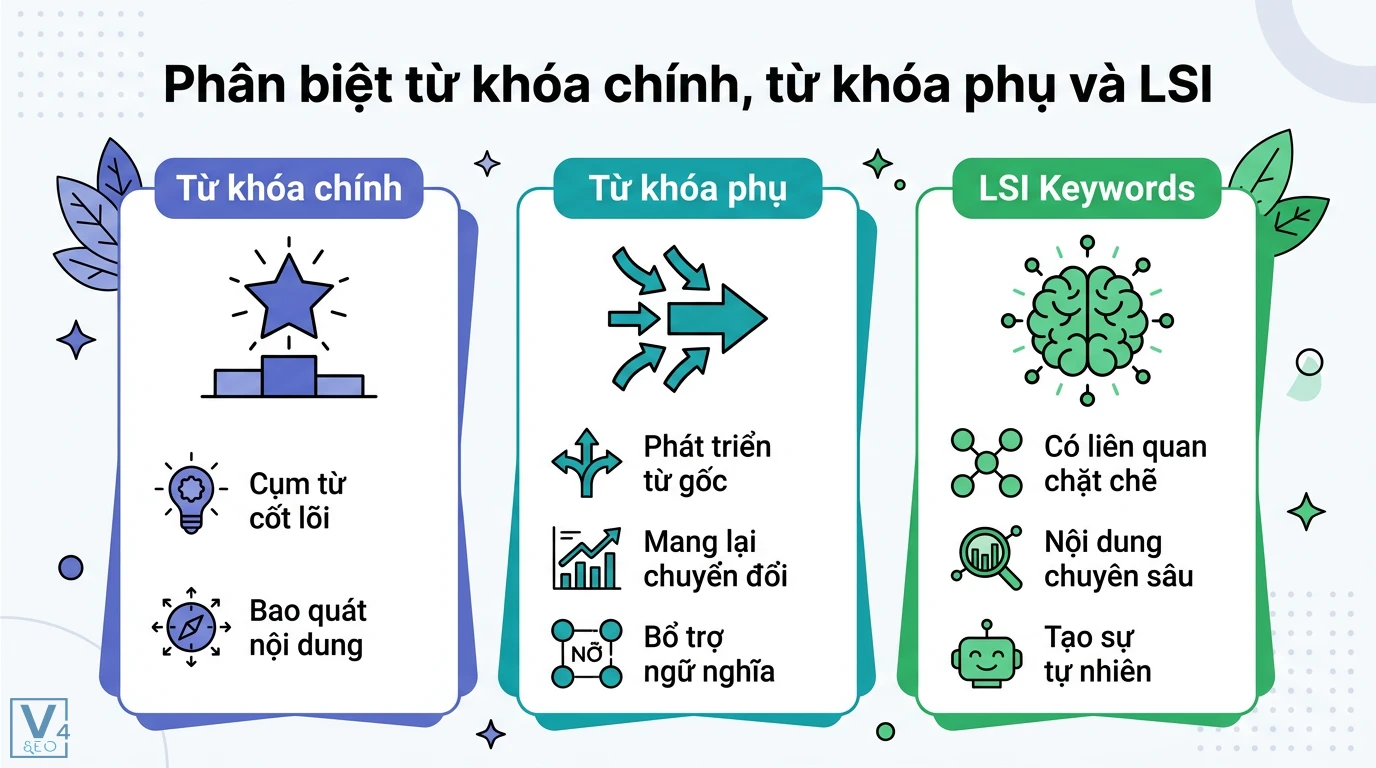 Từ khóa chính là gì? Cách chọn và tối ưu chuẩn Search Intent mới 2 Phân biệt từ khóa chính cốt lõi, từ khóa phụ bổ trợ ngữ nghĩa và LSI Keywords liên quan chặt chẽ tạo sự tự nhiên cho nội dung chuyên sâu