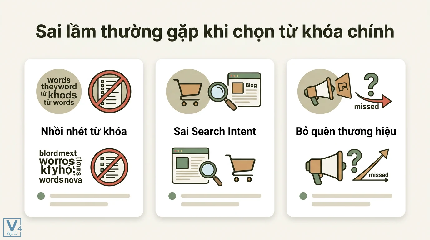 Từ khóa chính là gì? Cách chọn và tối ưu chuẩn Search Intent mới 3 Sai lầm thường gặp khi chọn từ khóa chính gồm nhồi nhét từ khóa, xác định sai Search Intent và bỏ sót các truy vấn thương hiệu quan trọng