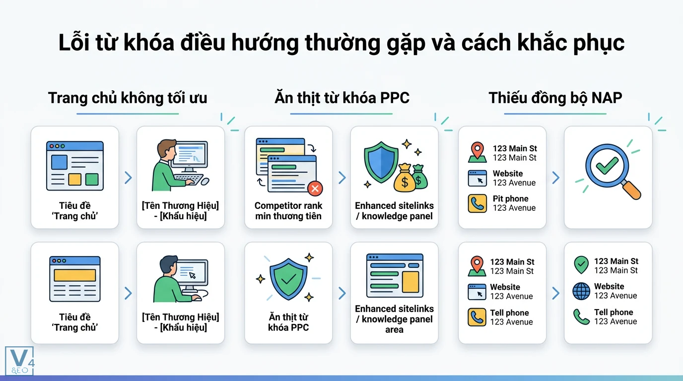 Từ khóa điều hướng là gì? Cách tối ưu Search Intent và thương hiệu 2 Khắc phục lỗi từ khóa điều hướng qua tối ưu tiêu đề trang chủ theo tên thương hiệu, xử lý ăn thịt từ khóa PPC và đồng bộ hóa thông tin NAP