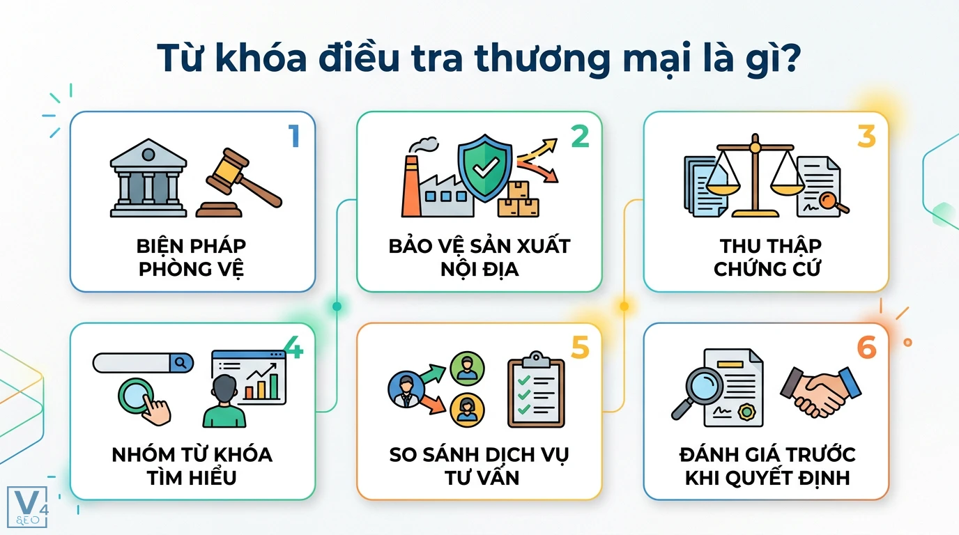 Giải đáp từ khóa điều tra thương mại là gì và quy trình ứng phó 1 Từ khóa điều tra thương mại gồm thu thập chứng cứ, bảo vệ sản xuất nội địa, so sánh dịch vụ tư vấn và đánh giá biện pháp phòng vệ thương mại
