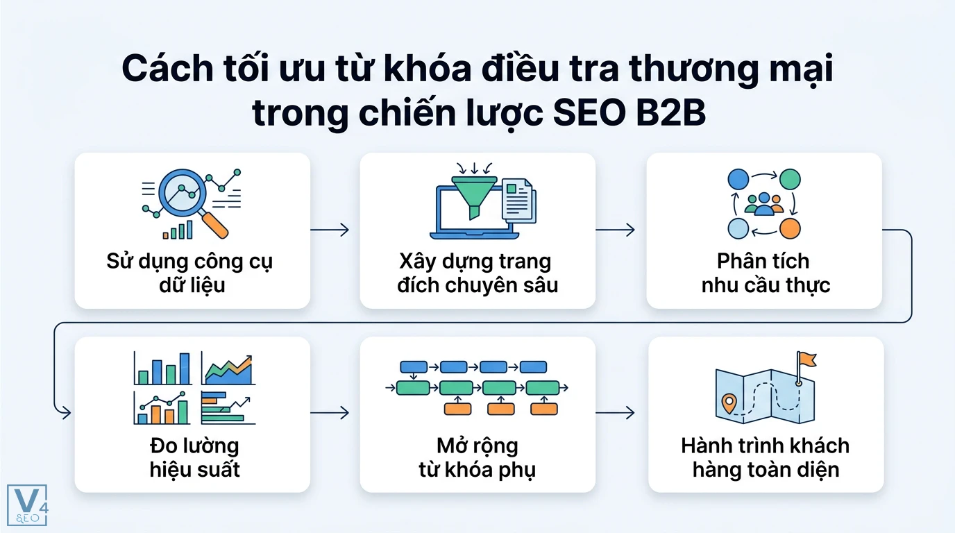 Giải đáp từ khóa điều tra thương mại là gì và quy trình ứng phó 2 Cách tối ưu từ khóa điều tra thương mại SEO B2B bằng công cụ dữ liệu, xây dựng trang đích và đo lường hành trình khách hàng toàn diện