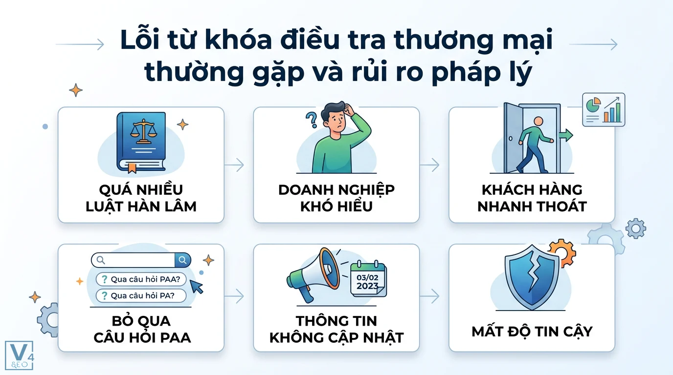 Giải đáp từ khóa điều tra thương mại là gì và quy trình ứng phó 3 Lỗi từ khóa điều tra thương mại thường gặp do dùng luật hàn lâm, bỏ qua câu hỏi PAA và thông tin không cập nhật khiến khách hàng nhanh thoát trang