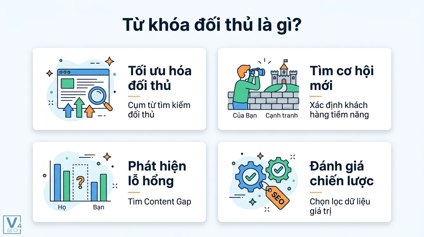 Từ khóa đối thủ là gì? 5 bước tìm lỗ hổng từ khóa để vượt đối thủ 1 Từ khóa đối thủ giúp tìm cơ hội mới, phát hiện lỗ hổng nội dung Content Gap và đánh giá chiến lược SEO để chọn lọc dữ liệu tìm kiếm giá trị