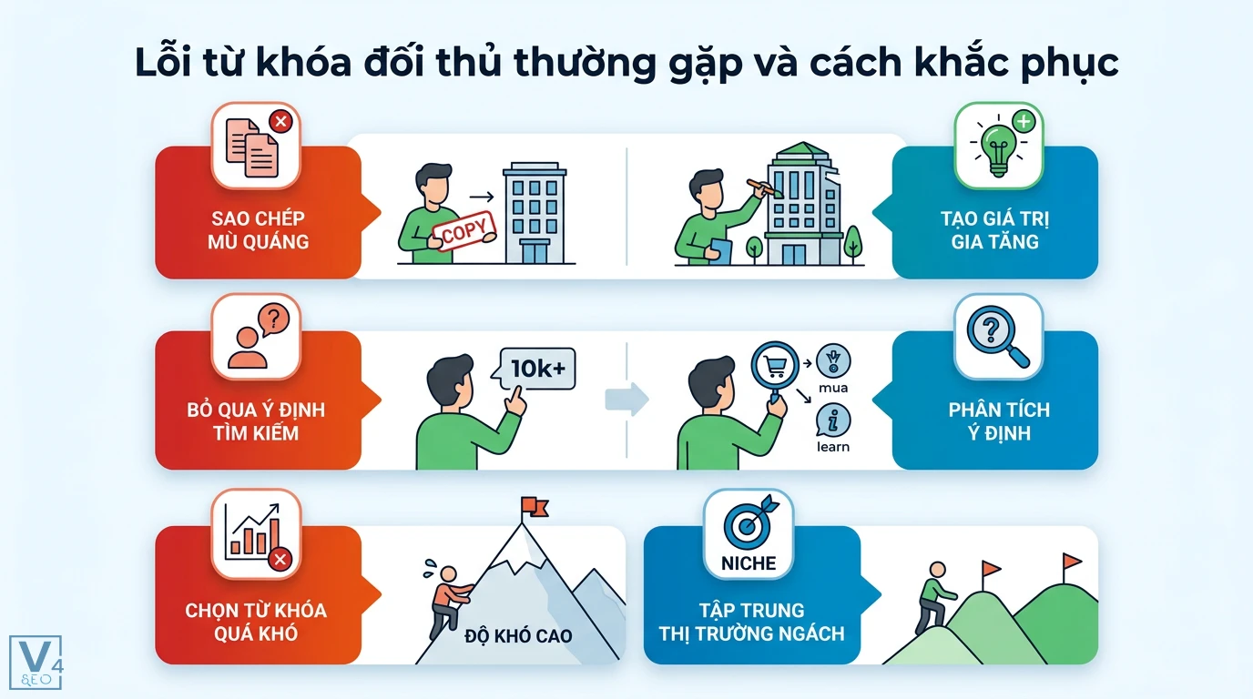 Từ khóa đối thủ là gì? 5 bước tìm lỗ hổng từ khóa để vượt đối thủ 3 Lỗi từ khóa đối thủ và cách khắc phục bằng việc tạo giá trị gia tăng, phân tích ý định tìm kiếm và tập trung vào thị trường ngách